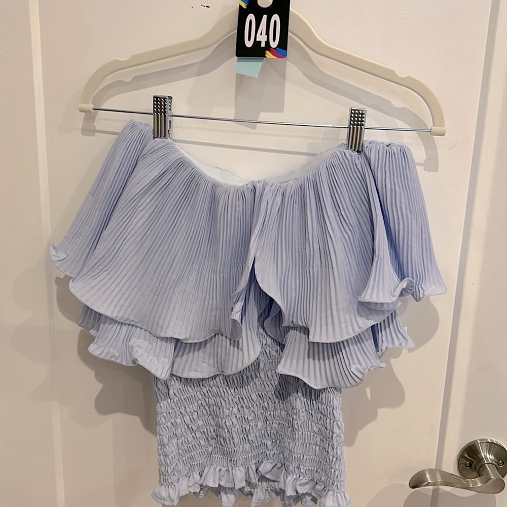 Vintage Light Blue Off The Shoulder Ruffle Blouse